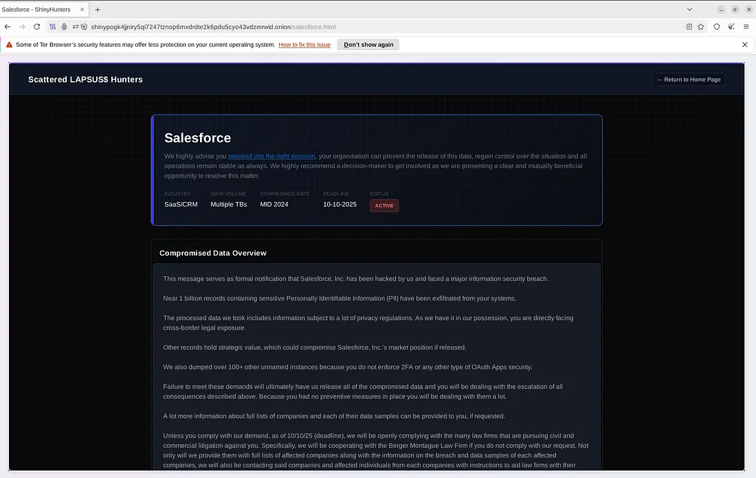 Screenshot of the ShinyHunters extortion website