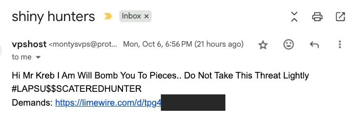 Example of the phishing email sent by ShinyHunters