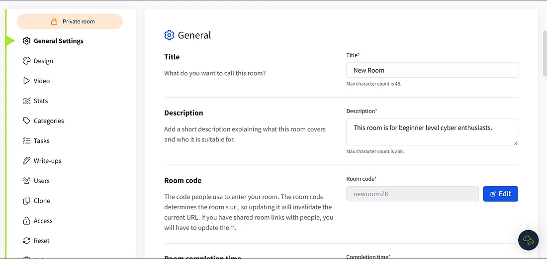 TryHackMe Room Settings