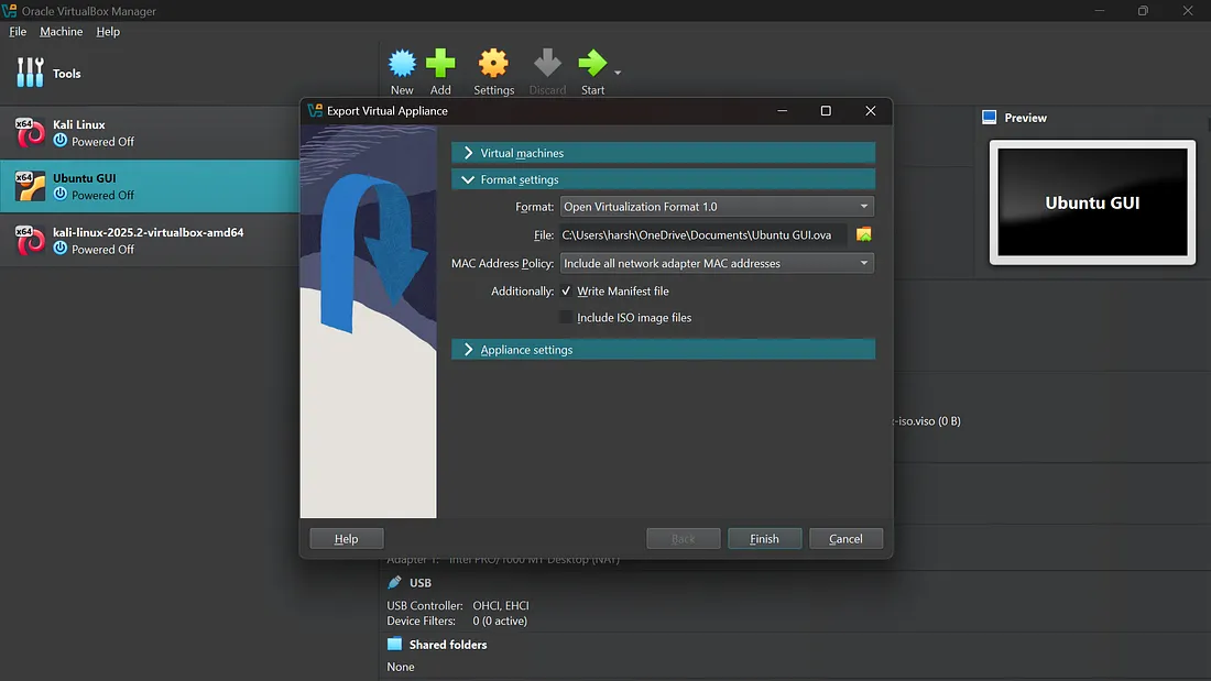 VirtualBox Export Appliance menu