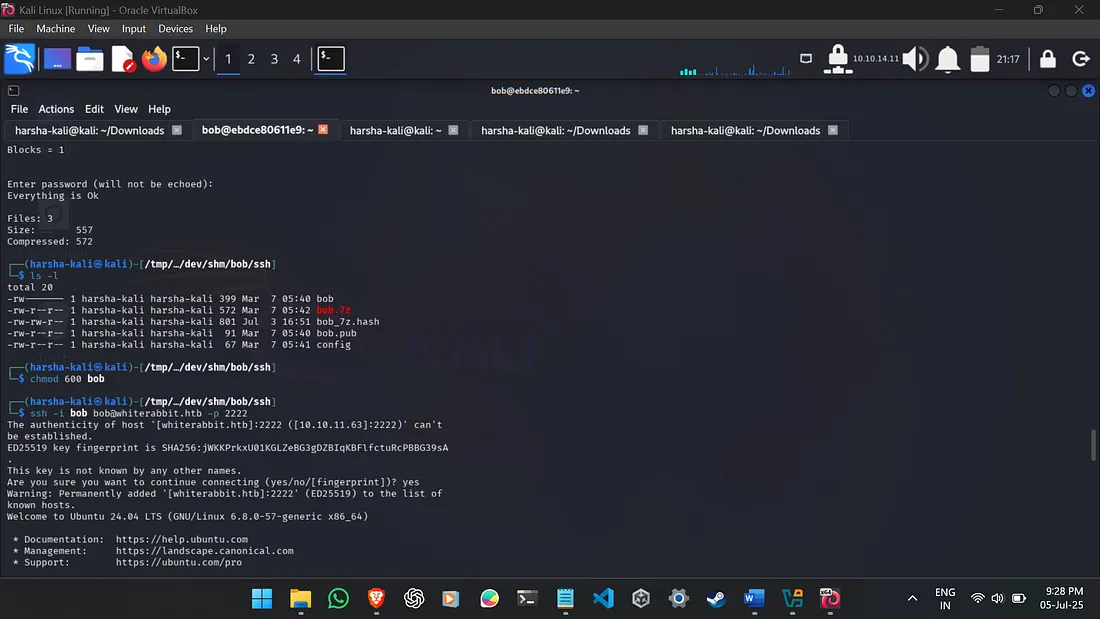 Terminal showing successful SSH as bob