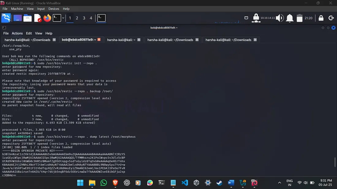 Terminal showing restic commands and morpheus key