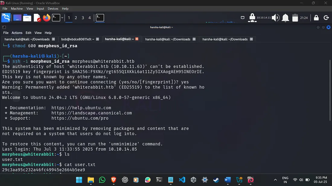 Terminal showing successful SSH as morpheus and user flag