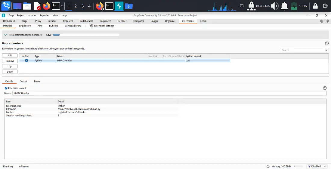 Burp Suite Extender tab showing the HMAC Header extension loaded